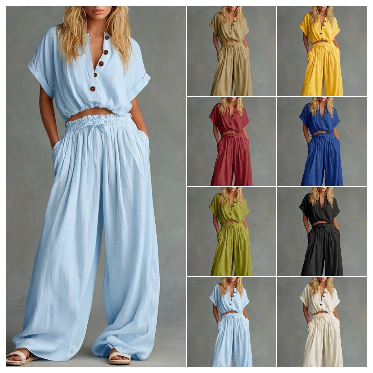 Crop Blouse Linen - 2-teiliges Set für Damen, Bluse mit