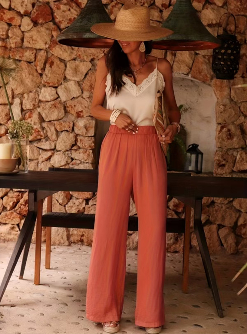 Palazzo Pant Wide - Damen High-Waist Paperbag-Hose mit Strukturierter Oberfläche,