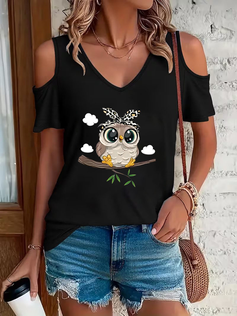 Summer Clothing Drop - Trendiges Cartoon-Eulen-Print Off-Shoulder V-Ausschnitt T-Shirt Kurzarm