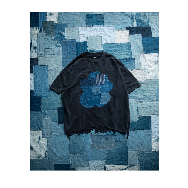 Summer Clothing Drop - High Street Handgefertigtes Indigo-Färbungs-Patchwork-T-Shirt mit kurzen