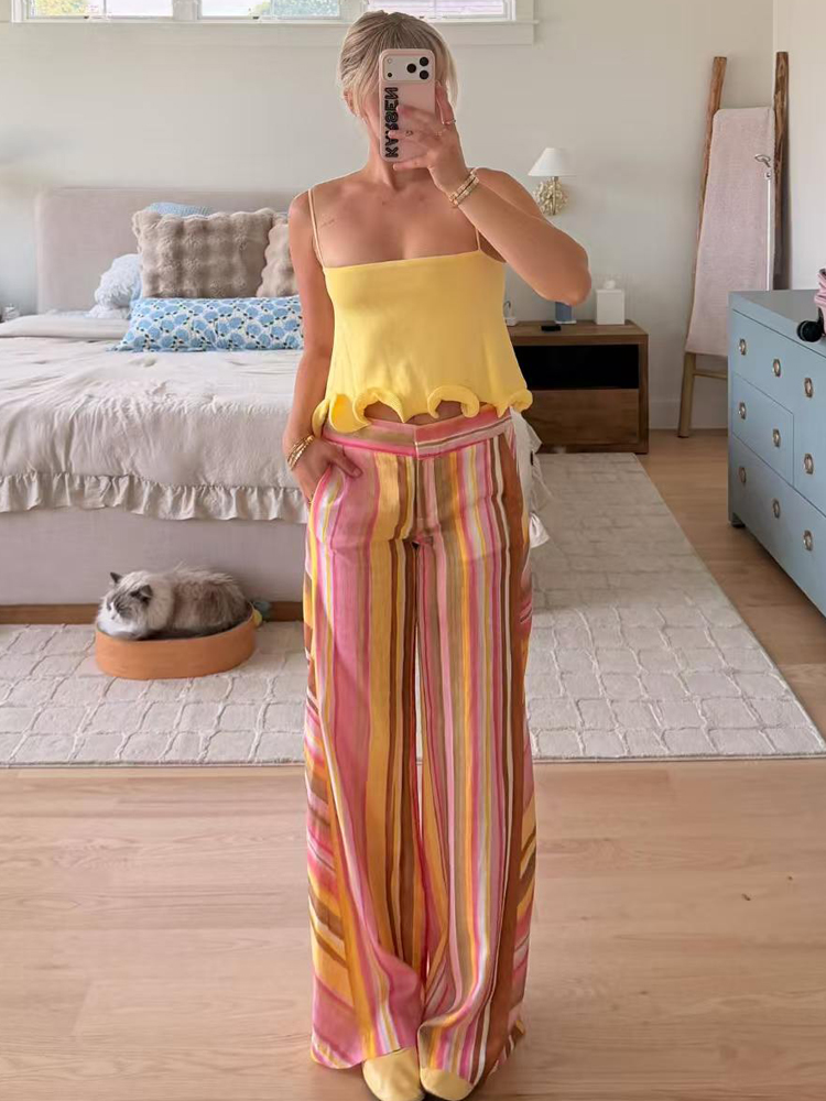 Palazzo Pant Wide - Damen Gestreifte Hosen Weite Leinenhosen Lässige