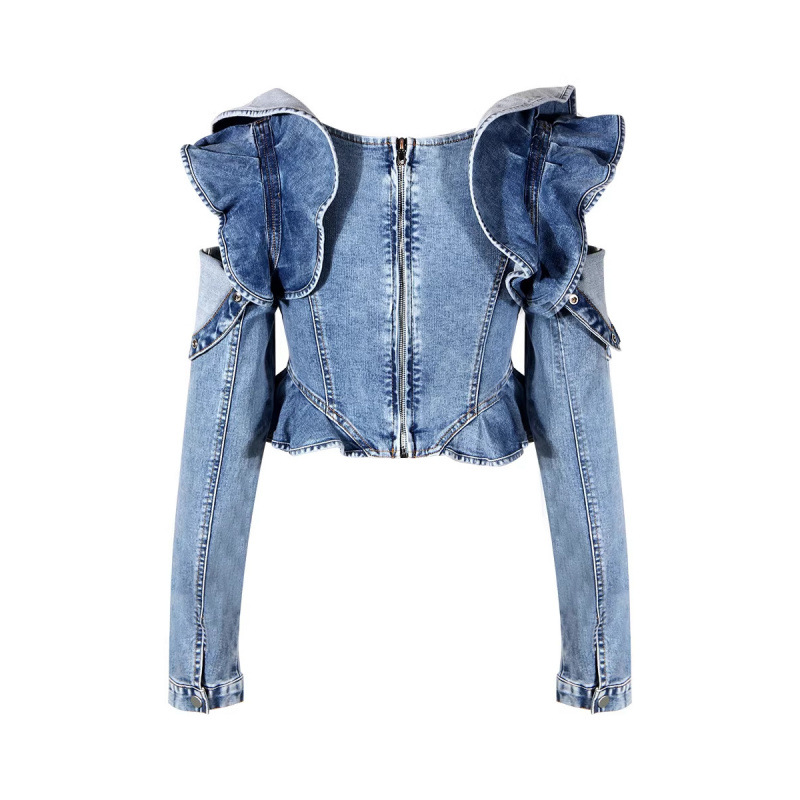 Crop Blouse Linen - Modisches Rüschen-Langarm-Denim-Top Cold-Shoulder Crop-Bluse für Geburtstagsfeiern,