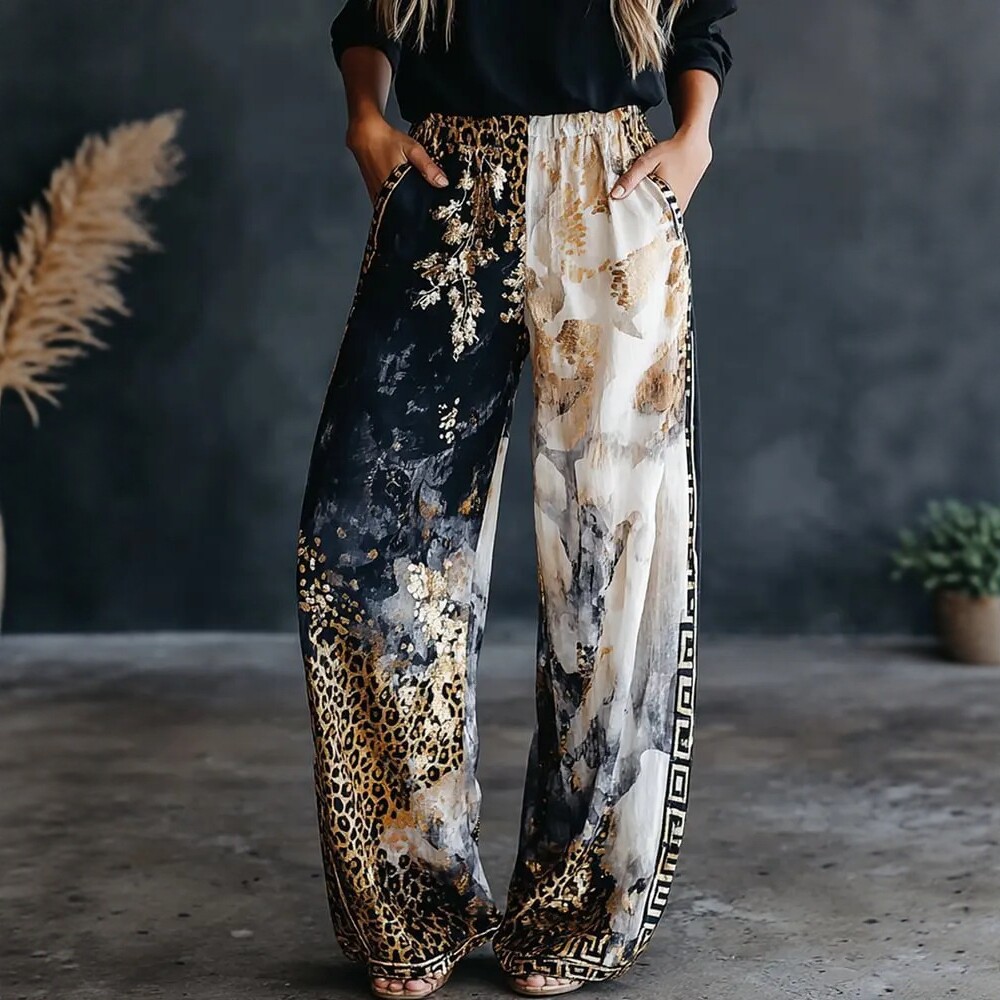 Palazzo Pant Wide - Damen Farbblock-Leopardenmuster Weite Hose Herbst Elastische