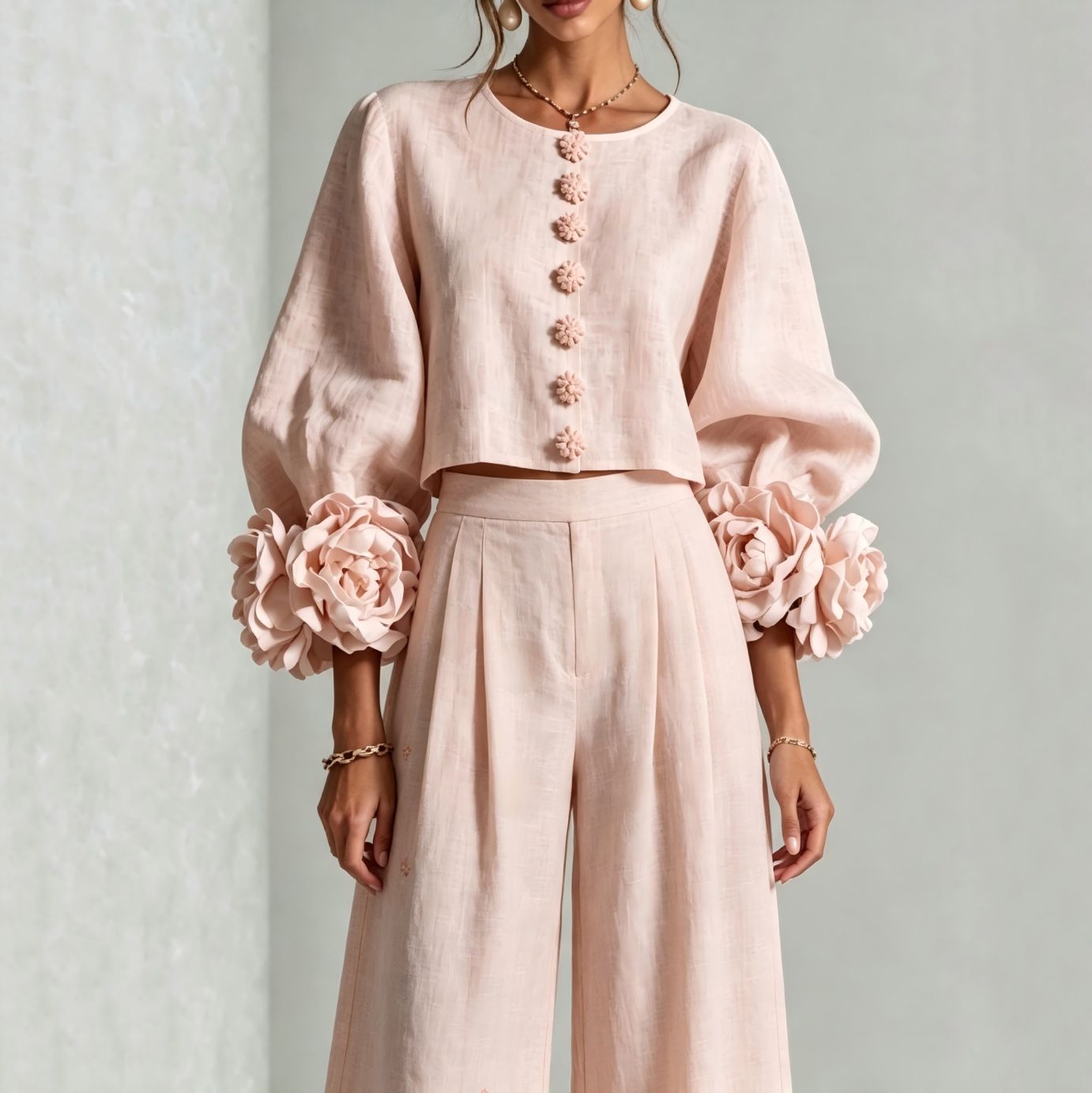 Crop Blouse Linen - Damen-Leinen-Cropped-Top Zweiteiler-Set O-Ausschnitt Puffärmel 3D-Blumenmuster-Manschetten-Dekor Bluse