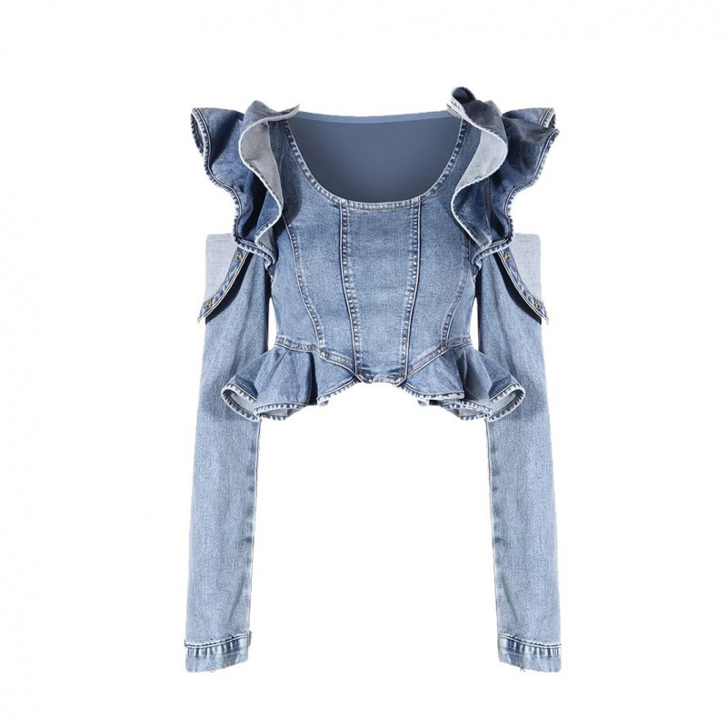 Crop Blouse Linen - Sexy schulterfreie Jeansbluse mit Rüschen, schmal