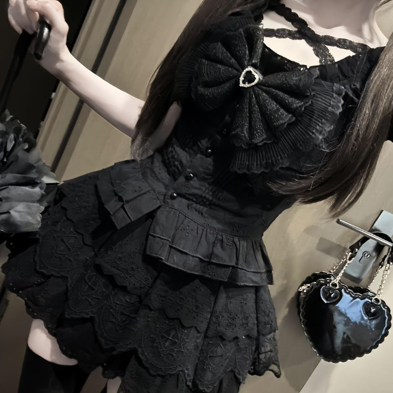 Summer Goth Clothing - Japanisches Retro-Set: Schmales T-Shirt mit Puffärmeln