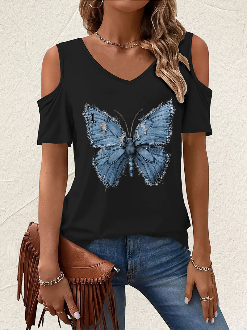 Summer Clothing Drop - Vintage V-Ausschnitt T-Shirt mit Schmetterlingsdruck, Kurzarm,