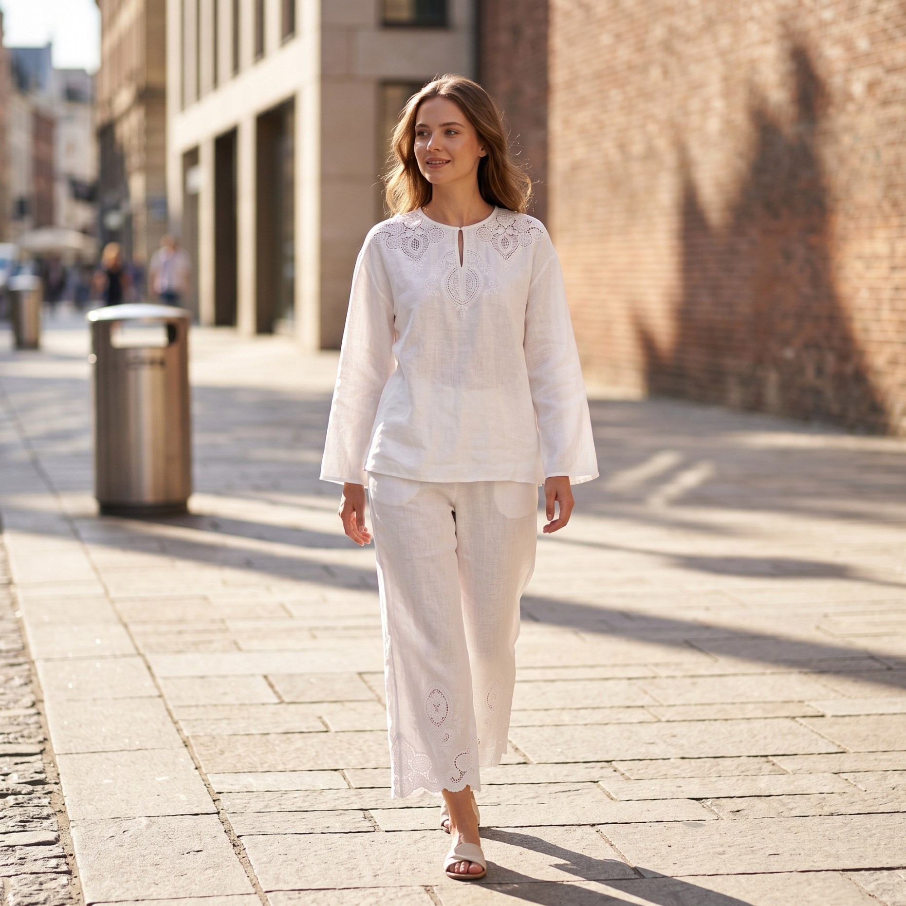 Crop Blouse Linen - Luxuriöses Leinen-Mischgewebe Zweiteiler-Set für Damen Langarm-Bluse
