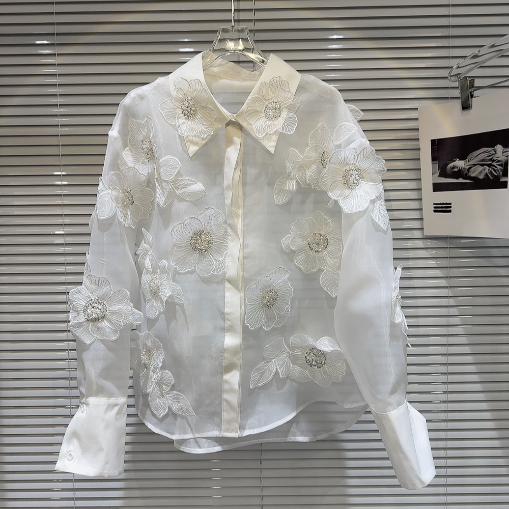 Crop Blouse Linen - Frühling Pailletten 3D Blumen Mesh Gespleißt