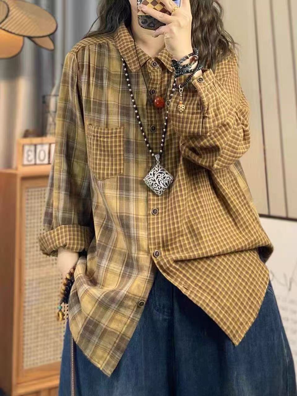 Japan Summer Clothing Women - 2026 Damen-Herbstmode Japanische Mode Baumwollgarn Damen-Karo-Hemden