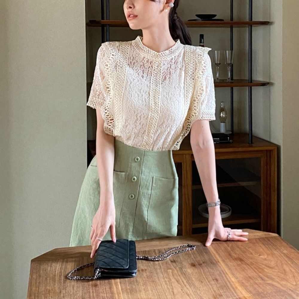 Crop Blouse Linen - Elegante, süße Kurzarm-Spitzenblusen, lockere, schicke Spitzenbluse