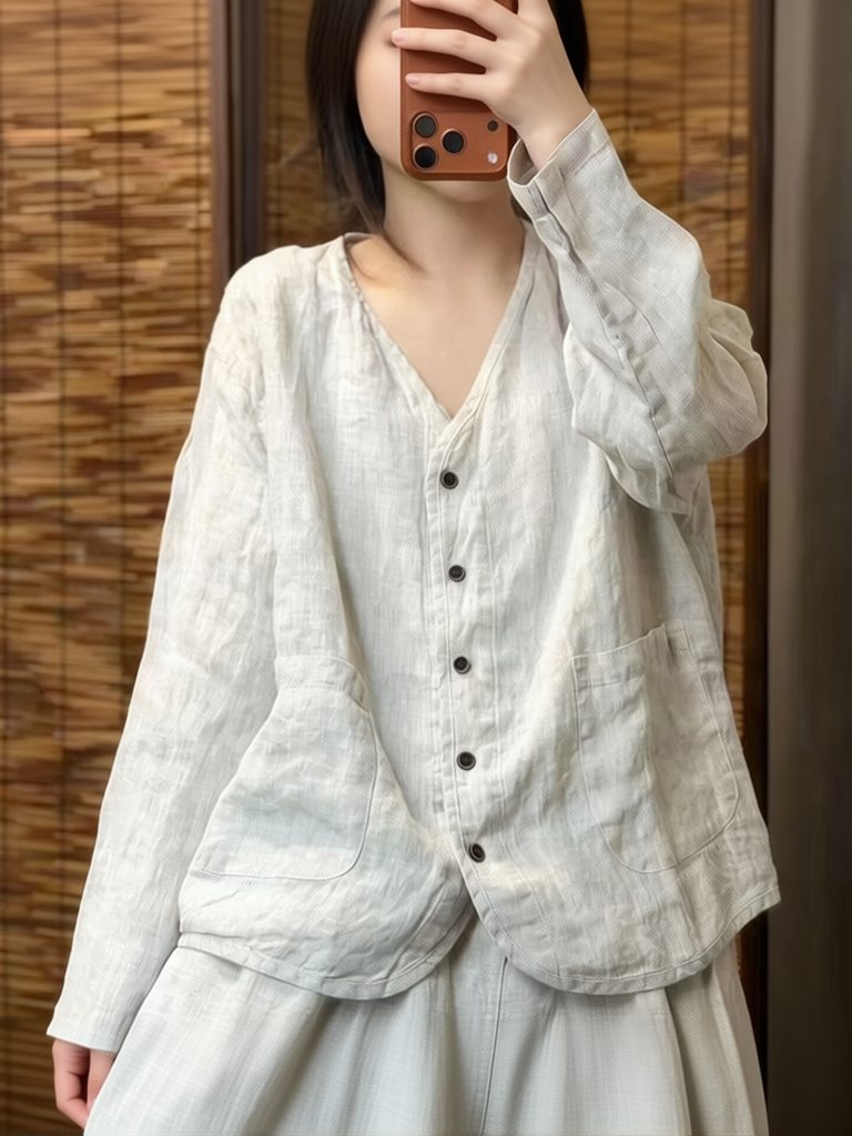 Crop Blouse Linen - Ästhetisches Ethnisches Baumwoll-Leinen-Hemd für Damen, Locker