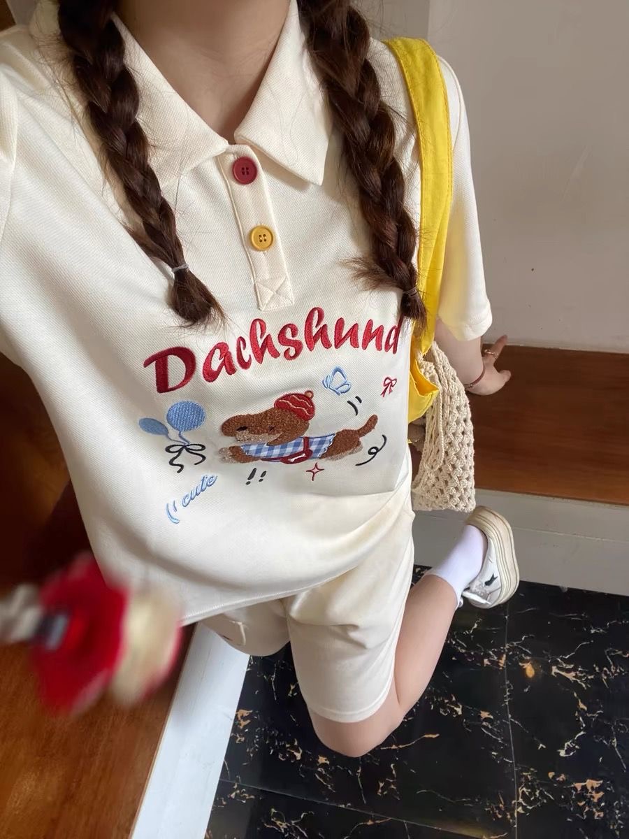 Japan Summer Clothing Women - Kawaii Stickerei Hund Japan Stil Poloshirt